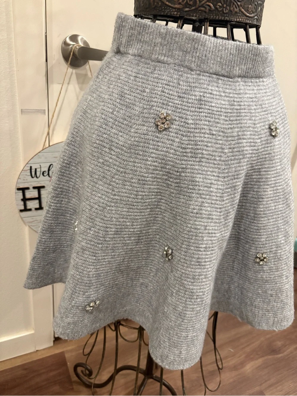 Embellished Light Gray Knit Circle Skirt